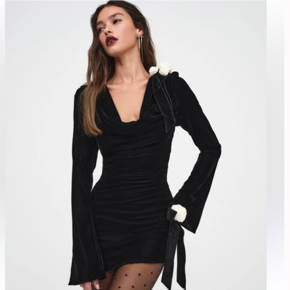 For Love & Lemons Tamera Velvet Mini Dress black Cowl Neck, Long Bell Sleeves, - Picture 1 of 8